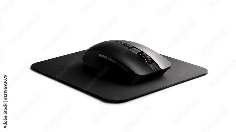 Computer mouse in action on black mouse pad office setting close-up perspective technology