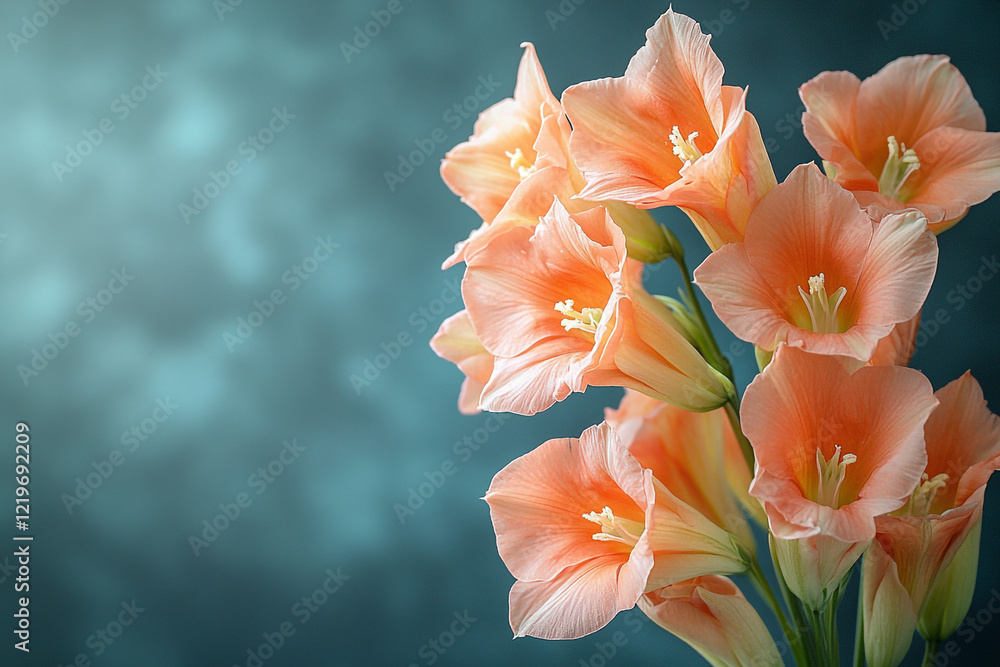 Fototapeta premium Delicate Peach Flowers Against A Teal Background