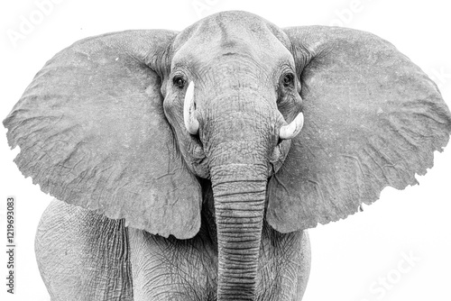 Photography Black and White of Elephant taking a stand on white background