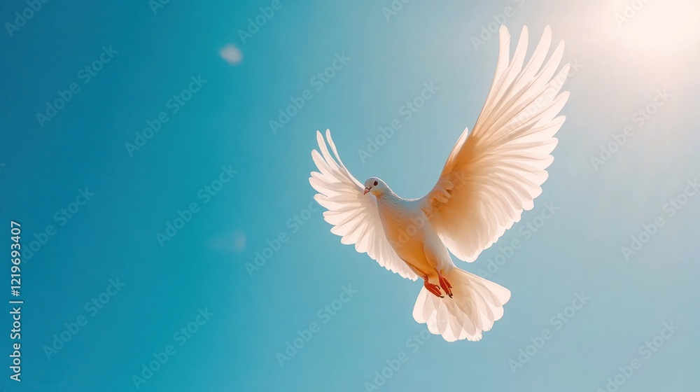 Fototapeta premium Soaring white dove in a clear blue sky nature photography bright environment uplifting concept