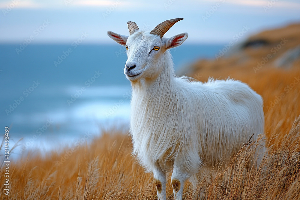 Obraz premium A White Goat Stands In Tall Grass Near The Ocean