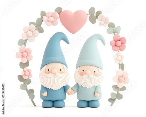 whimsical cute gnome cartoon doll isolate pastel Cute gnomes surrounded by floral decorations. cozy gnome