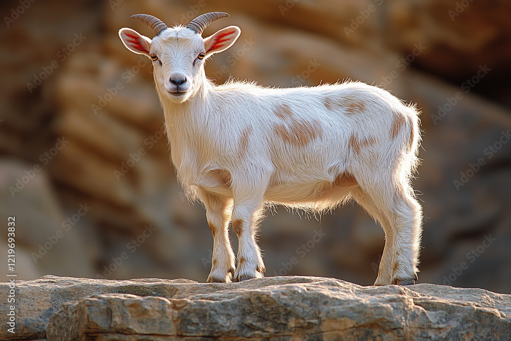 Obraz premium A Young White Goat Stands on a Rocky Outcrop