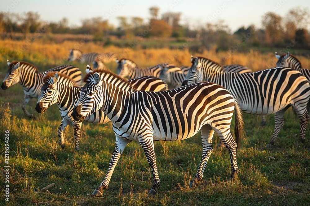 Fototapeta premium Striped zebras graze golden grassland sunset.