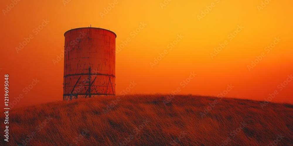 A water tower sits atop a grassy hill, providing a scenic backdrop A water tower sits atop a grassy hill, providing a scenic backdrop