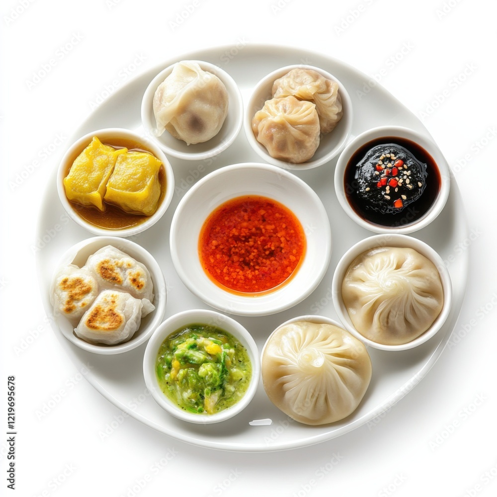 A platter of assorted dim sum with dipping sauces, isolated white background, minimalist art style A platter of assorted dim sum with dipping sauces, isolated white background, minimalist art style