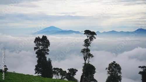 beautiful morning scenery with white clouds, view of Mount Cikuray, Garut	 photo