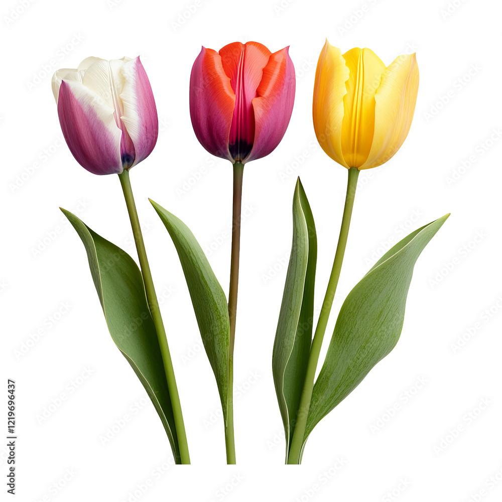 Three vibrant tulips in various colors isolated on a transparent background Three vibrant tulips in various colors isolated on a transparent background