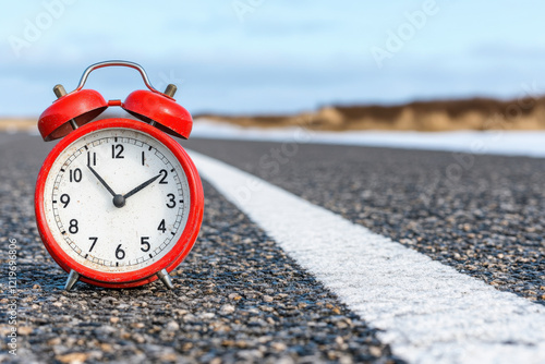 A red alarm clock is on the road with the time of 10:30