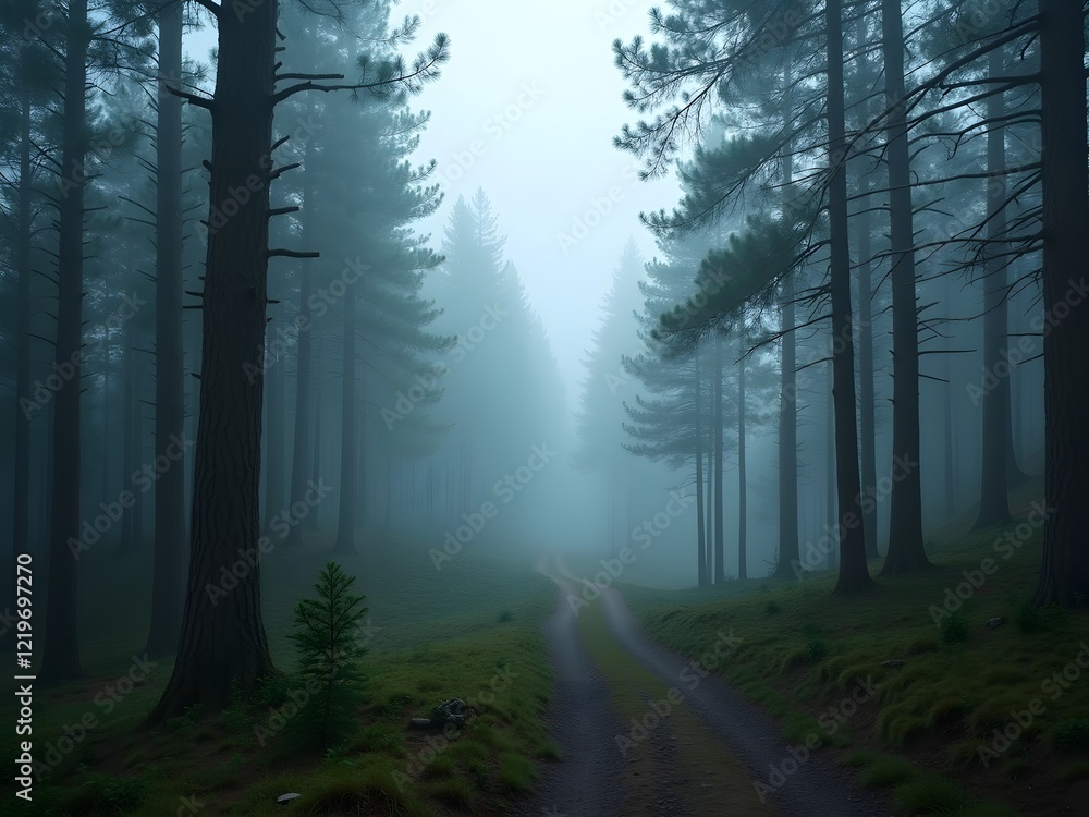 Obraz premium Misty Forest Path Foggy Woods Road Nature Trail