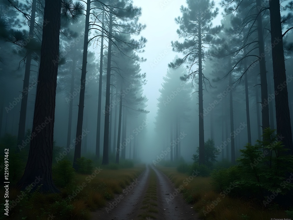 Naklejka premium Misty Forest Path Trees Nature Fog Road Woods
