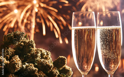 Marijuana buds next to champagne glasses, set against a backdrop of fireworks for a celebratory New Yeara??s theme photo