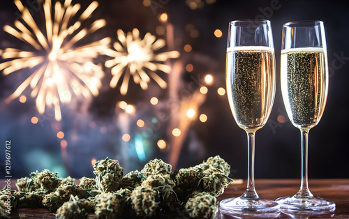 Marijuana buds next to champagne glasses, set against a backdrop of fireworks for a celebratory New Yeara??s theme photo