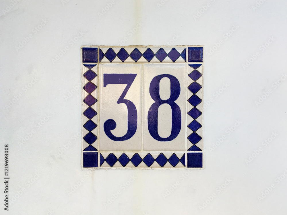 Fototapeta premium Tiled house number 38 on a building wall