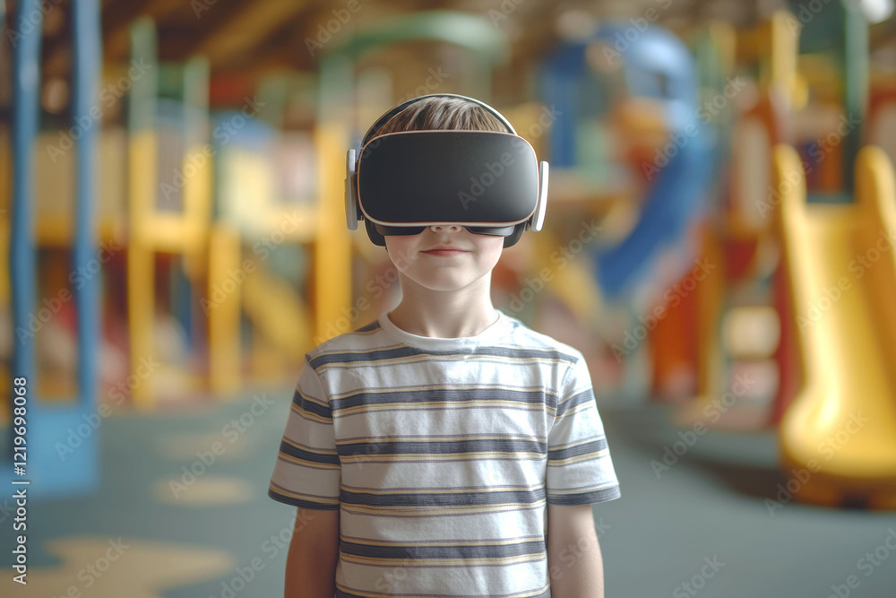 Young boy exploring virtual reality technology in a digital playground environment Young boy exploring virtual reality technology in a digital playground environment