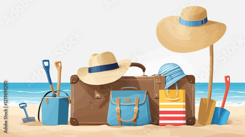 3d Realistic Summer and Travel Icons Set. Suitcase, Umbrella Beach, Beach Ball, Coconut Drink, Beach Chair, Summer Time, Floating Ring, Starfish. Time to Travel Concept 3d vector