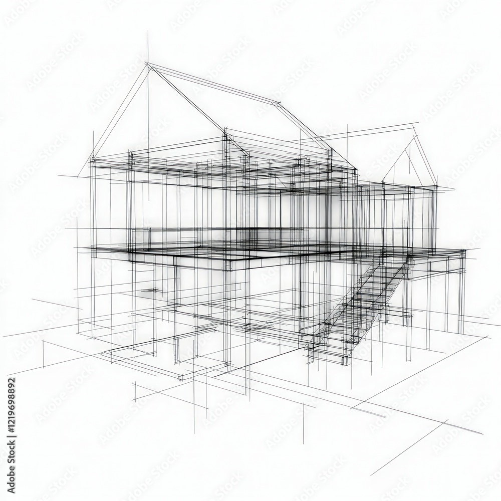 Naklejka premium A built house framework showcasing modern construction techniques, emphasizing energy efficiency, structural integrity, and sustainable building materials.