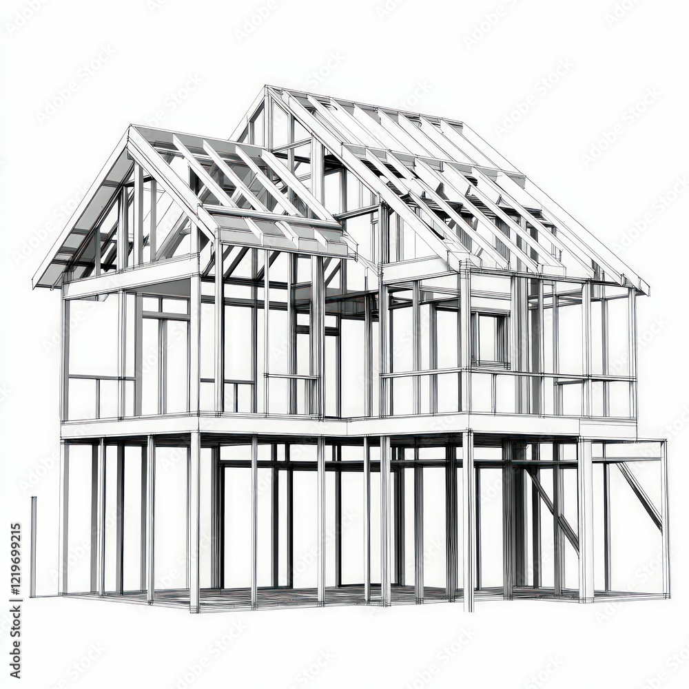 A built house framework showcasing modern construction techniques, emphasizing energy efficiency, structural integrity, and sustainable building materials. A built house framework showcasing modern construction techniques, emphasizing energy efficiency, structural integrity, and sustainable building materials.