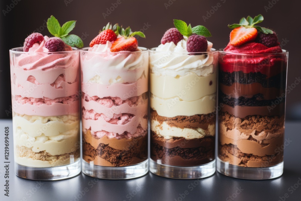 Delicious parfaits layered with creamy goodness and fresh berries on display. Generative AI Delicious parfaits layered with creamy goodness and fresh berries on display. Generative AI