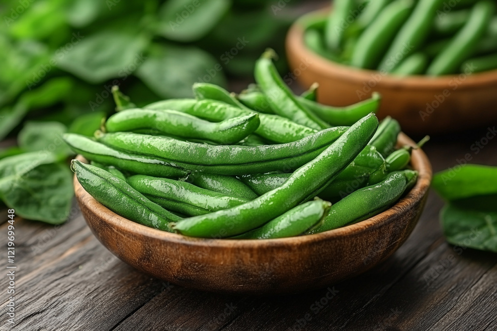 Fresh Green Beans in Wooden Bowl with Leaves Fresh Green Beans in Wooden Bowl with Leaves