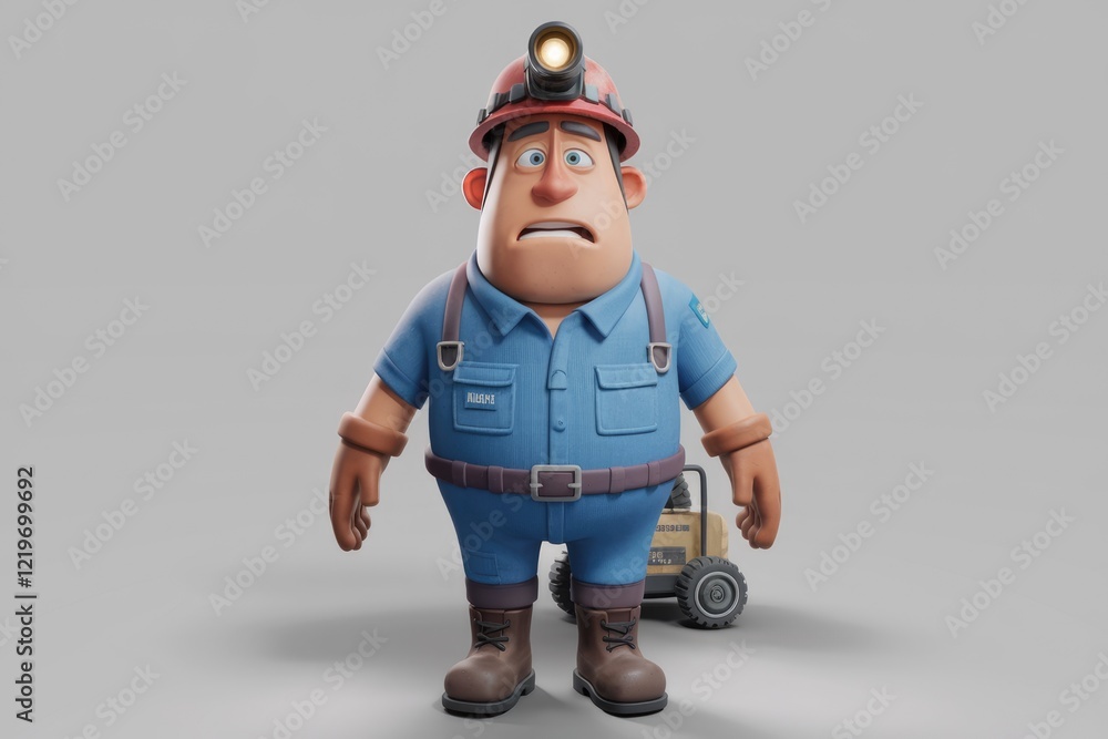 A cartoon miner with a worried expression stands next to his mining cart. A cartoon miner with a worried expression stands next to his mining cart.