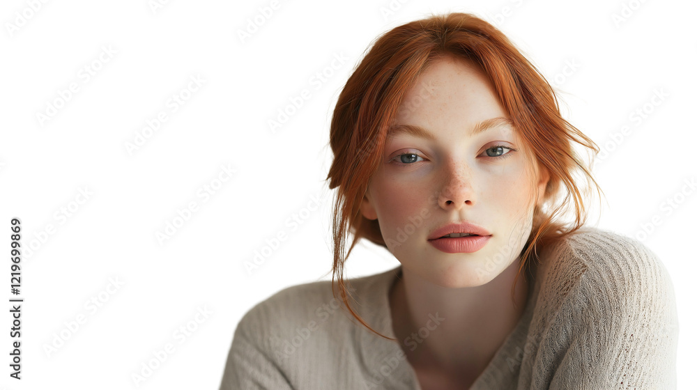 Elegant Portrait of a Relaxed Young Woman with Red Hair in a Cozy Sweater Under Soft Lighting Elegant Portrait of a Relaxed Young Woman with Red Hair in a Cozy Sweater Under Soft Lighting