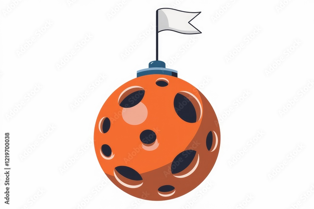 A cartoon illustration of a cratered orange planet with a flag planted on top. A cartoon illustration of a cratered orange planet with a flag planted on top.