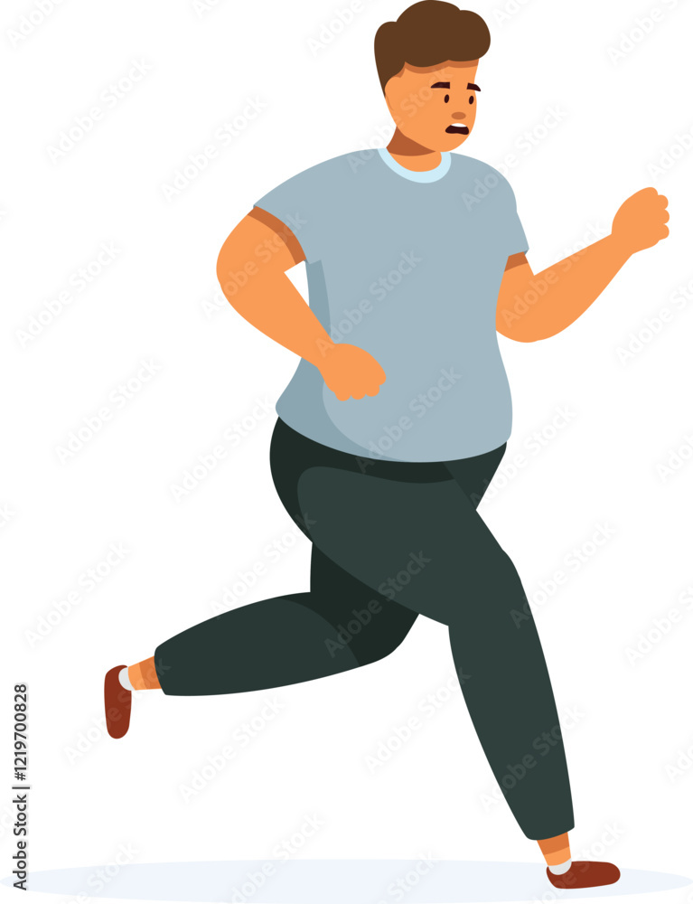 Overweight man running away in fear, trying to escape from someone or something Overweight man running away in fear, trying to escape from someone or something