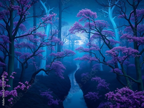 Enchanting Blue Forest  Mystical Night  Purple Blossoms  Dreamlike Landscape