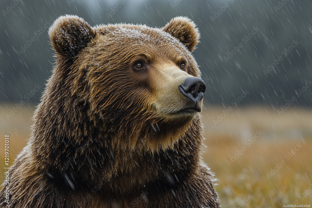 Grizzly Bear in Rain Snow Winter Fur Grizzly Bear in Rain Snow Winter Fur