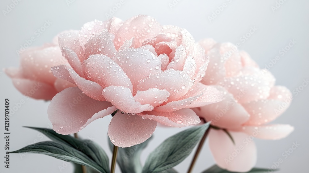 Fototapeta premium Pink peony blossoms, water drops.