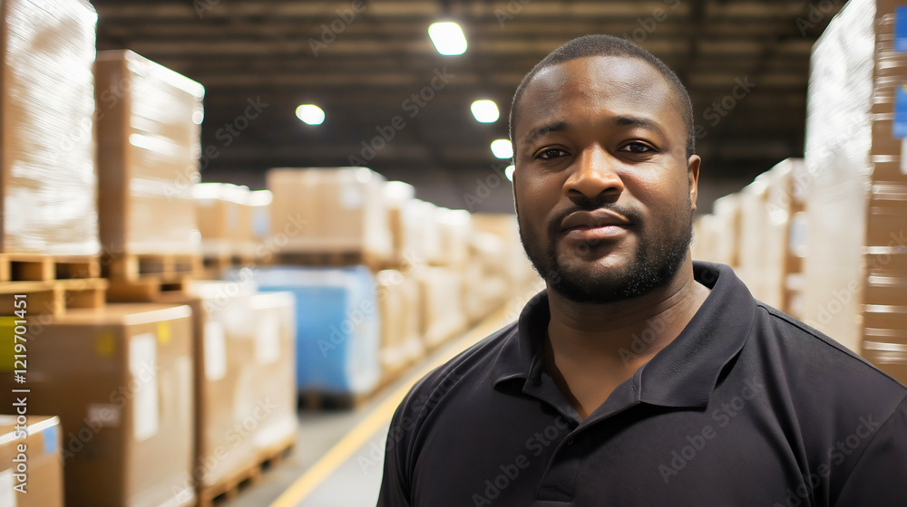 Obraz premium Portrait of Smiling African American Warehouse Worker in Polo Shirt Managing Inventory and Stacking Boxes in Modern Logistics Facility