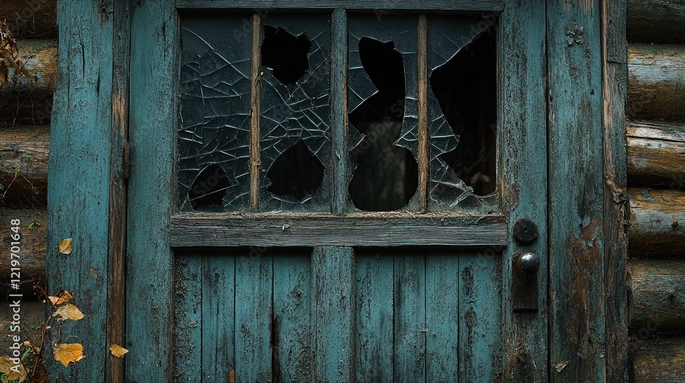 Old wooden cabin in the woods, broken windows and claw marks on the door, horror scene Old wooden cabin in the woods, broken windows and claw marks on the door, horror scene