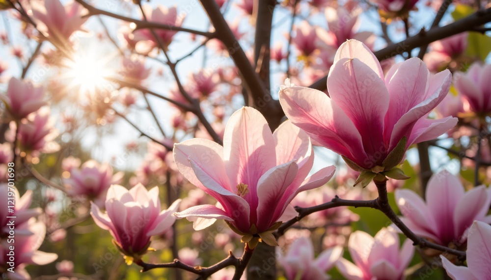 Fototapeta premium Pink magnolia blossoms on tree branches glowing in sunlight.