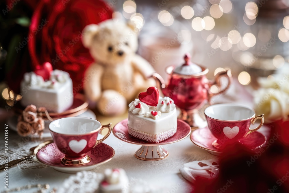 Fototapeta premium Romantic Valentine's Day tea party scene with heart-shaped cakes, teddy bear, and red teacups.