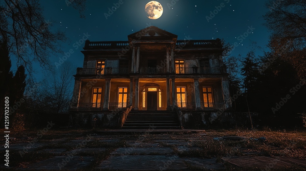 Fototapeta premium Old, decrepit mansion on a hill under a full moon, shadows cast across the windows, horror setting 