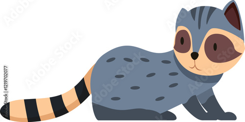 Adorable cartoon raccoon crouching on the ground, displaying its distinctive striped tail and charming demeanor