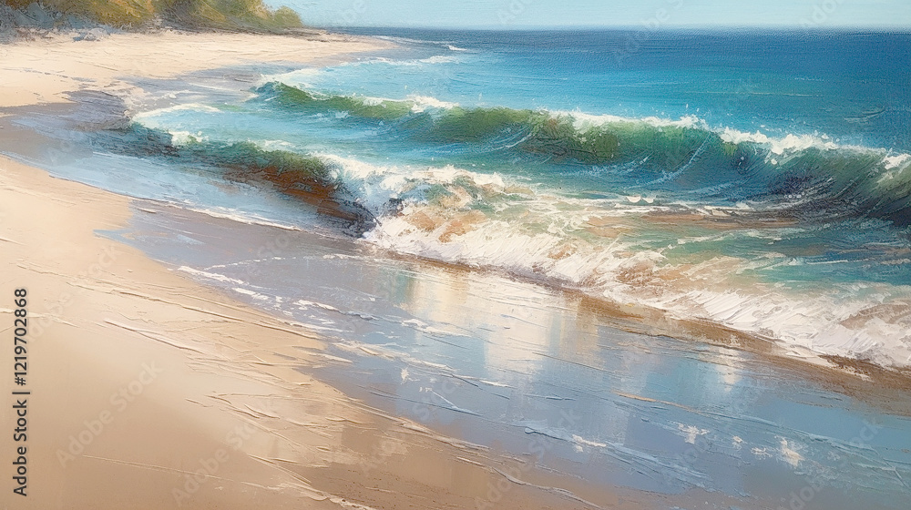 impressionism oil painting with thick impasto brush strokes of waves on a sandy beautiful beach with puffy clouds. using muted browns, blues, and white. impressionism oil painting with thick impasto brush strokes of waves on a sandy beautiful beach with puffy clouds. using muted browns, blues, and white.