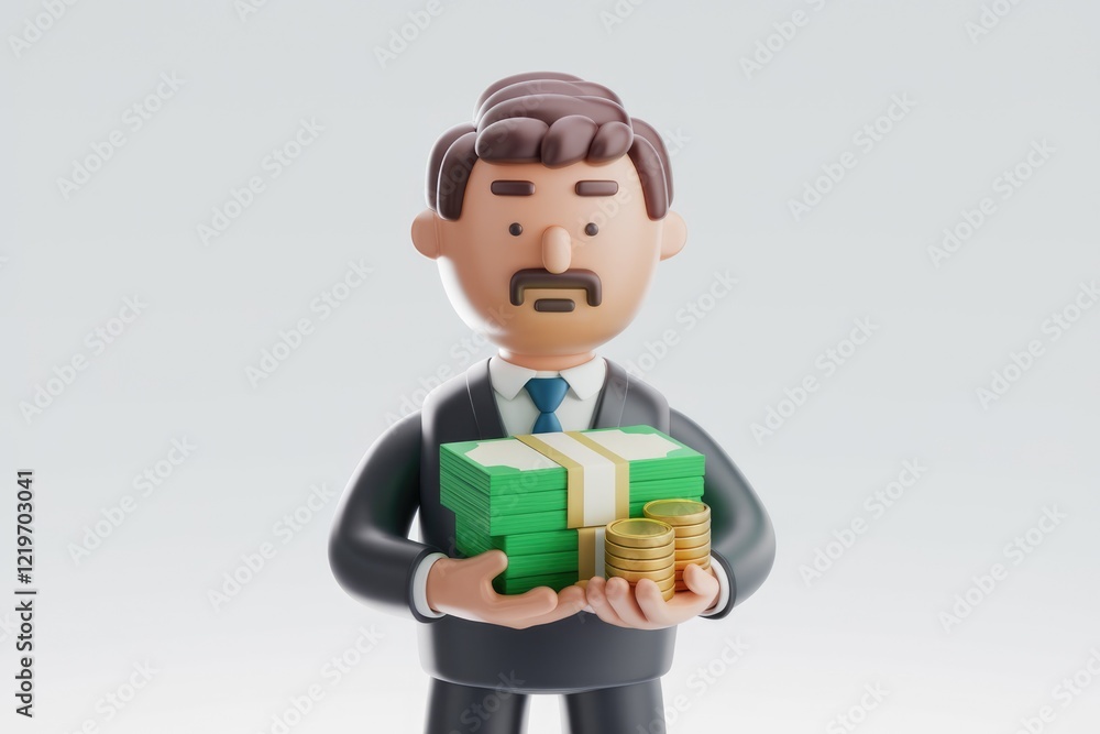 A 3D cartoon businessman proudly holds a stack of cash and gold coins, symbolizing wealth and success. A 3D cartoon businessman proudly holds a stack of cash and gold coins, symbolizing wealth and success.