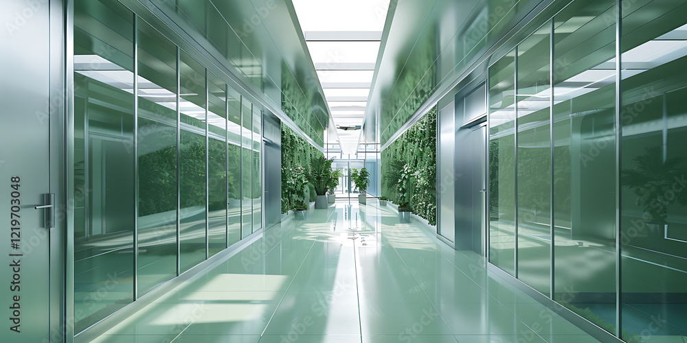 Modern Corridor with Glass Walls and Lush Greenery Under Skylight
Modern Corridor with Glass Walls and Lush Greenery Under Skylight