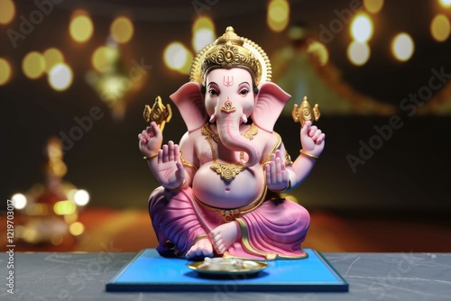 A pink Ganesha statue sits on a blue platform with gold details and a blurred bokeh background. photo