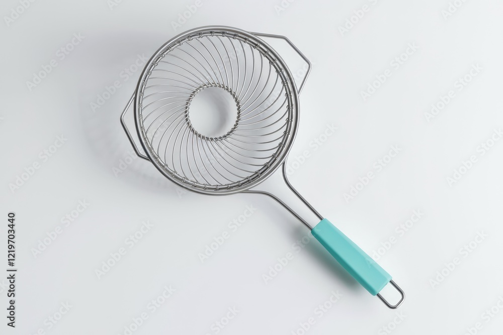 A teal-handled stainless steel fryer basket with a spiral design, ideal for frying and draining food. A teal-handled stainless steel fryer basket with a spiral design, ideal for frying and draining food.