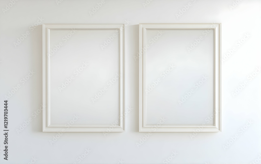 Fototapeta premium Pair of landscape-oriented picture frames hung symmetrically in a bright, minimalist white bedroom