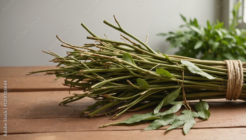 Fresh water spinach bundle on a rustic wooden table. Fresh water spinach bundle on a rustic wooden table.