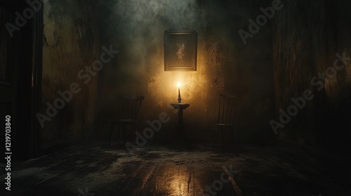 Flickering candle in a dark room with shadows dancing on the walls, creepy and unsettling 