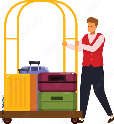 Bellboy pushing luggage cart with colorful suitcases, providing excellent service in hospitality industry