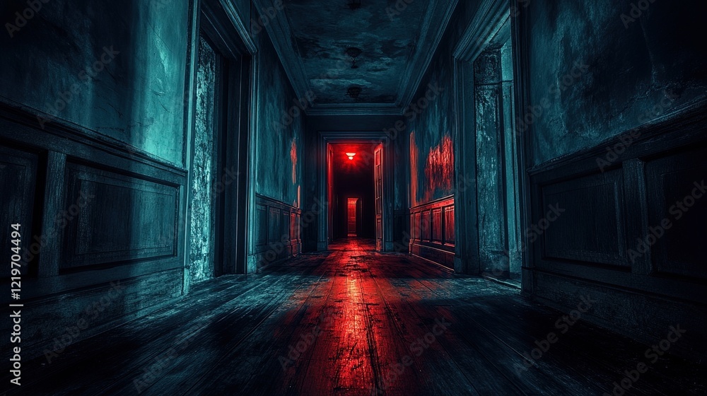Obraz premium Empty, dark hallway with flickering lights and mysterious shadows, horror atmosphere, unsettling feeling