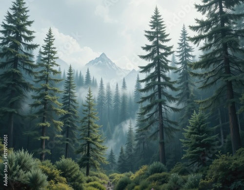 Misty Mountain Forest: Serene Evergreen Landscape Painting photo