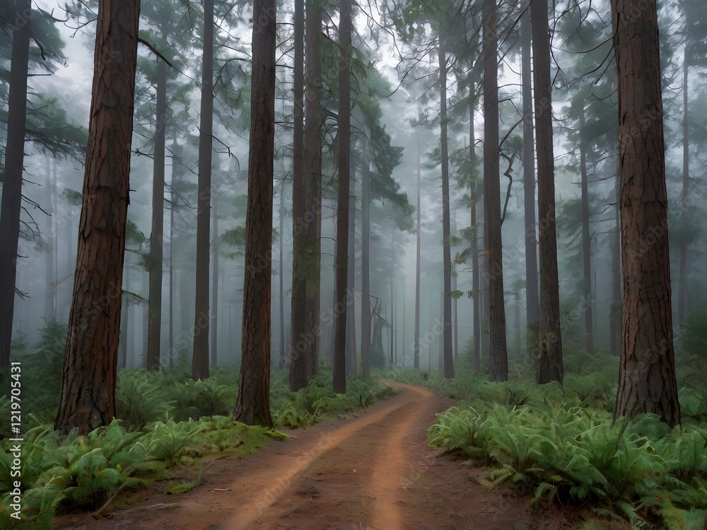 Obraz premium Misty Forest Path Redwood Trees Foggy Trail Nature Scene