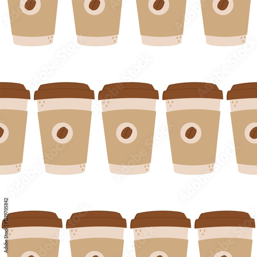 Seamless pattern with to go coffee cup. Disposable mugs with hot drink.